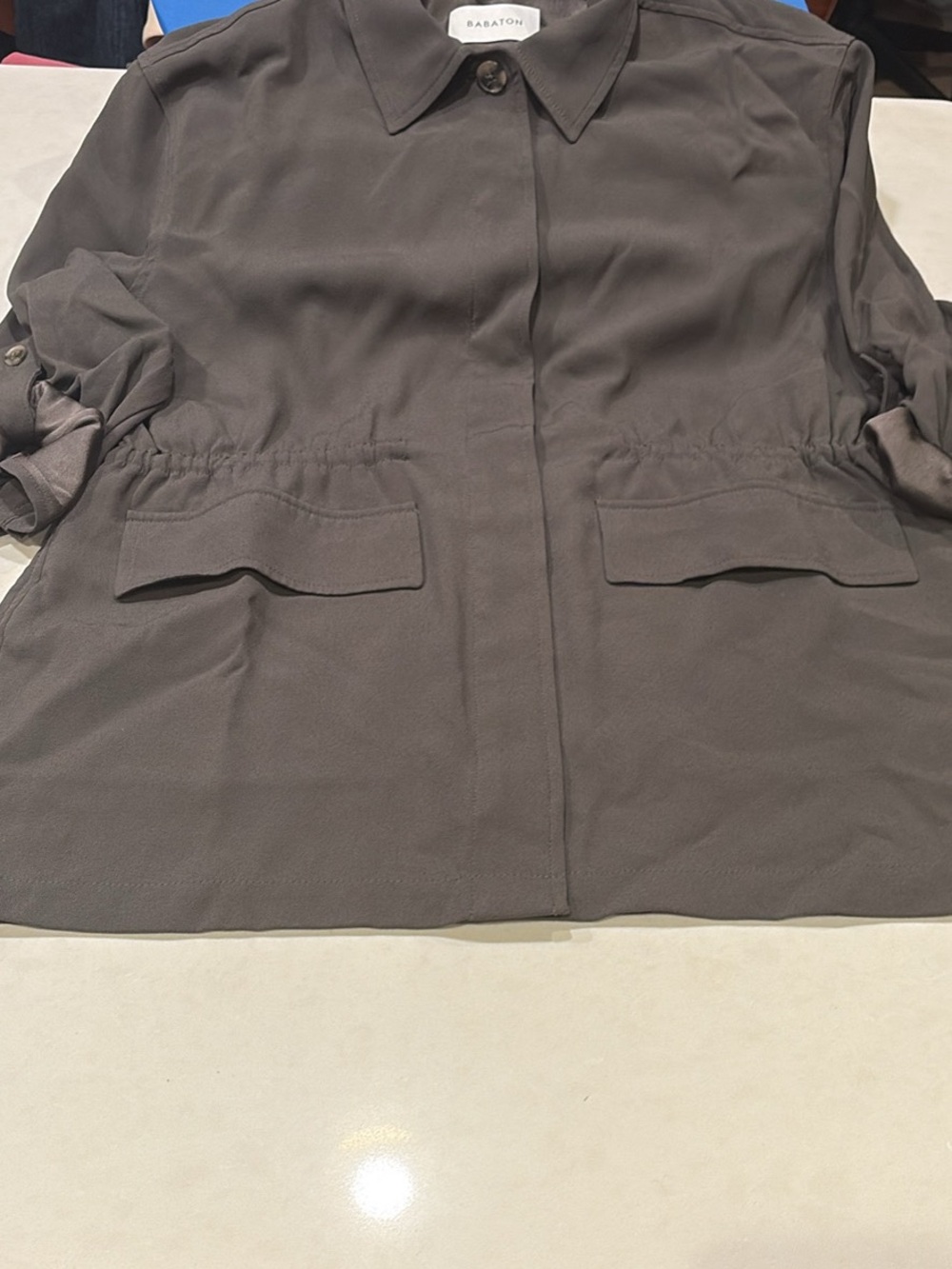 Babaton gray/green Utility Jacket with Elastic Waist size small great condition